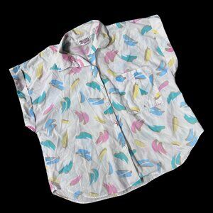 Vintage Button Up Shirt Plus Size 1980s Abstract Rainbow Pastel Short Sleeve